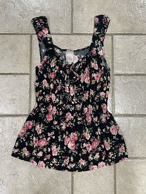 No Boundaries Small Black Floral Smocked Tank Top with Pink Roses